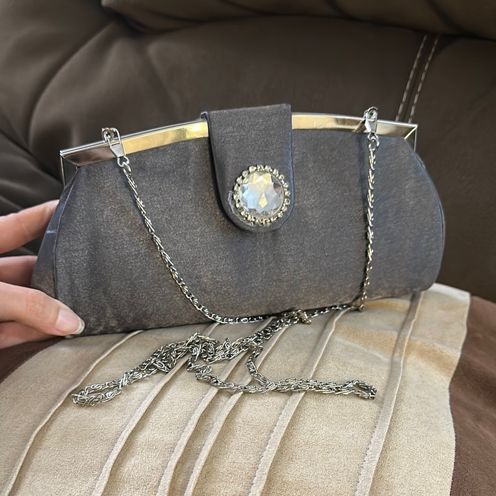 Vintage 1950s Silver Lame Clutch Purse with chain Handle